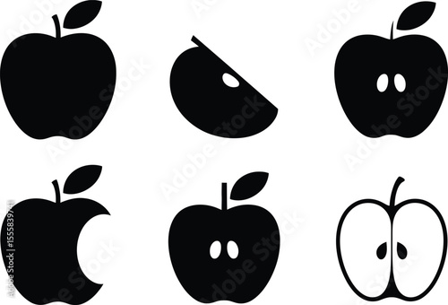 Set of black apple icons whole slice bitten and half cut style