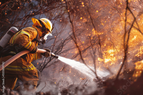 Firefighter extinguishes flames in forest as wildfire rages, clo