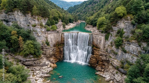 Majestic waterfall cascading into turquoise pool surrounded by lush mountains