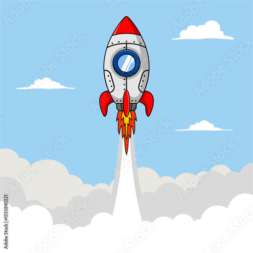 cartoon rocket launching into sky