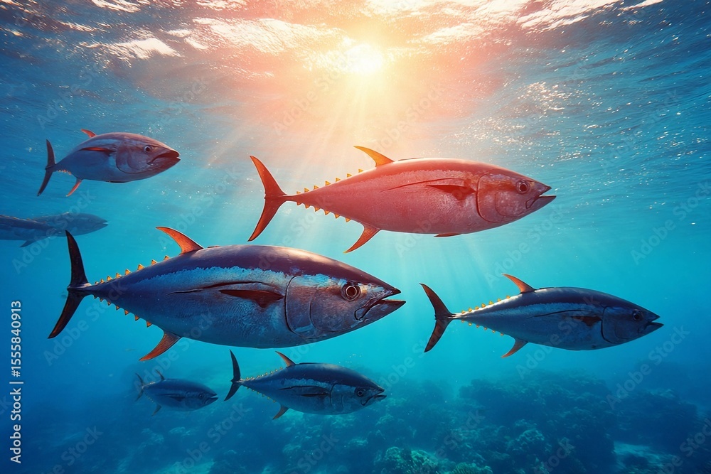 Fototapeta premium Schools of fish swim gracefully in clear ocean waters during sunset