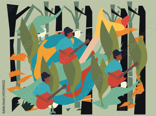 A vibrant and artistic flat vector illustration of tropical birds interacting in a dense jungle environment. The design features bold geometric shapes, stylized foliage, and vivid contrast—bringing 01