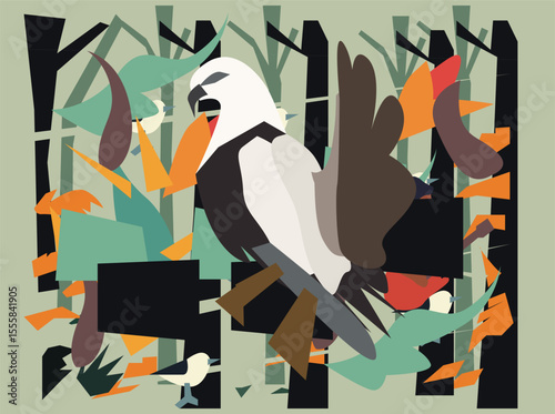 A vibrant and artistic flat vector illustration of tropical birds interacting in a dense jungle environment. The design features bold geometric shapes, stylized foliage, and vivid contrast—bringing 01