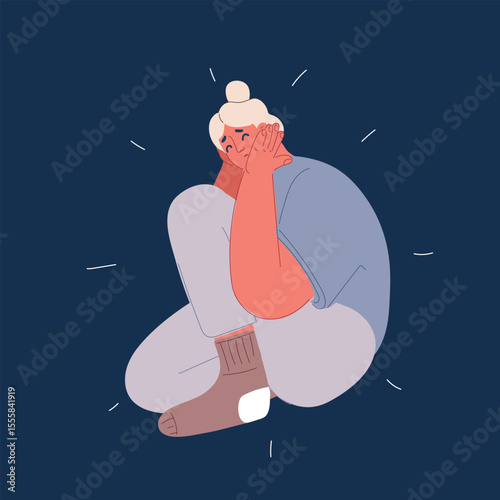 Cartoon vector illustration of a woman taking a quiet moment alone, symbolizing introspection, emotional processing, and mental rest against dark background