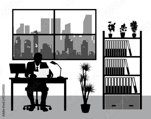 office worker vector silhouette at desk with city view