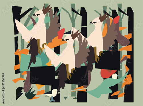 A vibrant and artistic flat vector illustration of tropical birds interacting in a dense jungle environment. The design features bold geometric shapes, stylized foliage, and vivid contrast—bringing 01
