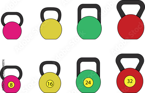 Set of kettlebells in color - 8kg, 16kg, 24kg, 32kg gym weights illustration. Flat icons.