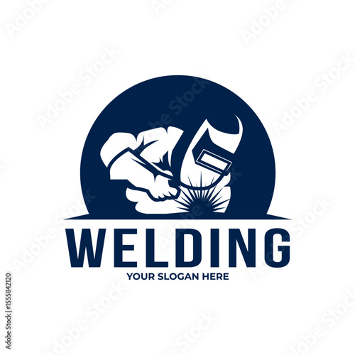welding logo with welder mask and torch flame