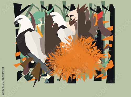 A vibrant and artistic flat vector illustration of tropical birds interacting in a dense jungle environment. The design features bold geometric shapes, stylized foliage, and vivid contrast—bringing 01