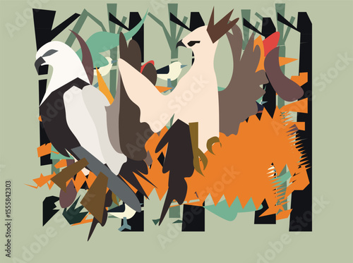 A vibrant and artistic flat vector illustration of tropical birds interacting in a dense jungle environment. The design features bold geometric shapes, stylized foliage, and vivid contrast—bringing 01