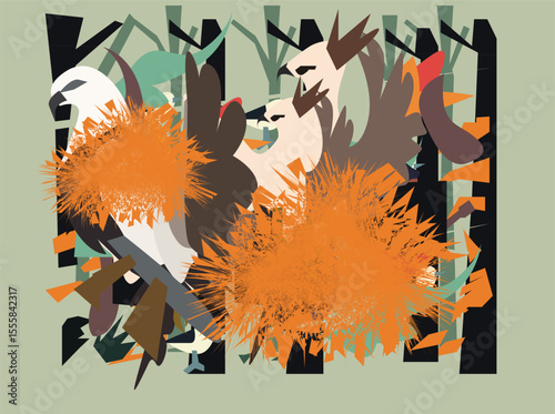 A vibrant and artistic flat vector illustration of tropical birds interacting in a dense jungle environment. The design features bold geometric shapes, stylized foliage, and vivid contrast—bringing 01
