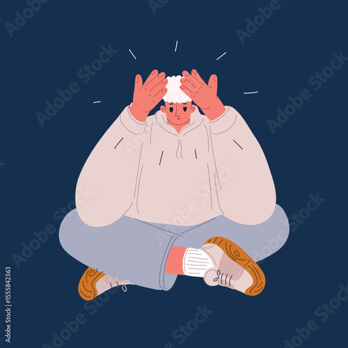 Cartoon vector illustration of a man pausing with hands on head, symbolizing information overload, decision fatigue, and need for a mental break against dark background