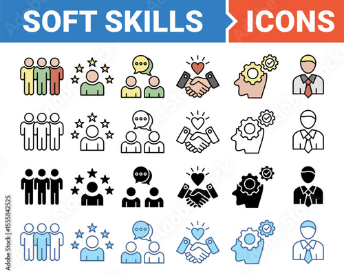 Soft skills icon set with multiple style collection.