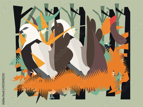 A vibrant and artistic flat vector illustration of tropical birds interacting in a dense jungle environment. The design features bold geometric shapes, stylized foliage, and vivid contrast—bringing 01