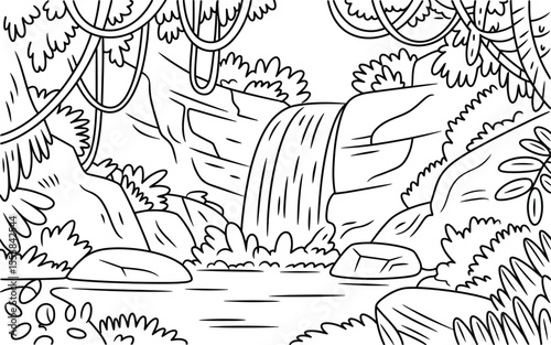 Tropical jungle landscape coloring page waterfall and lush vegetation