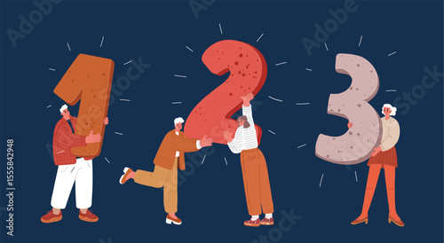 Cartoon vector illustration of people presenting countdown numbers, symbolizing launch preparation, anticipation, and collective action against dark background