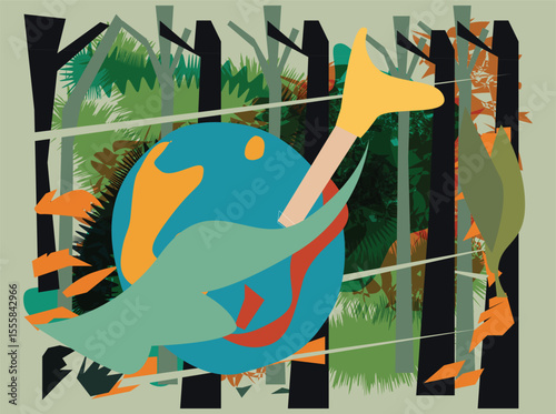 A vibrant and artistic flat vector illustration of tropical birds interacting in a dense jungle environment. The design features bold geometric shapes, stylized foliage, and vivid contrast 003