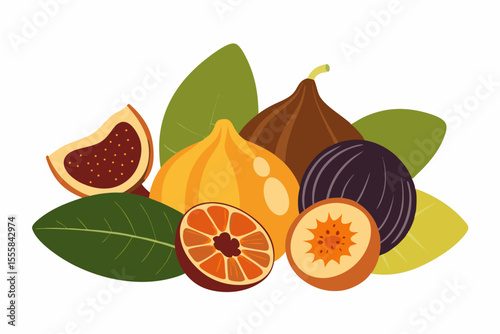 Assorted figs and citrus fruit with leaves