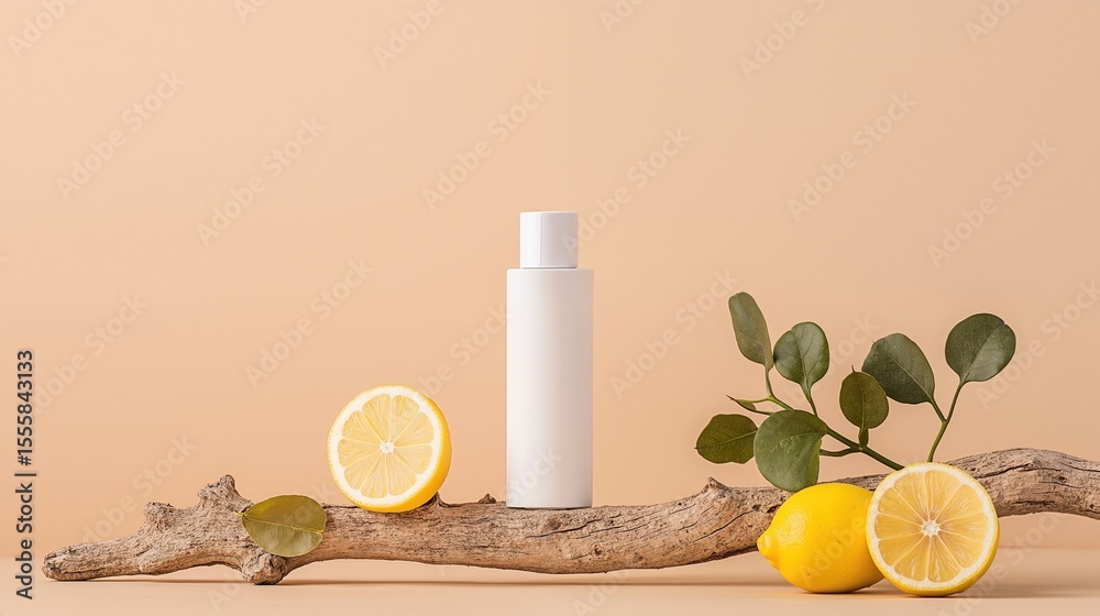Fototapeta premium White cosmetic bottle with lemon slices and eucalyptus branch on wooden surface. Natural skincare product with citrus vitamin C ingredients composition