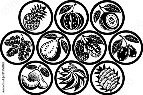 Nine tropical fruits in black and white ovals