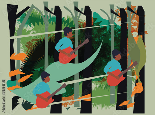 A vibrant and artistic flat vector illustration of tropical birds interacting in a dense jungle environment. The design features bold geometric shapes, stylized foliage, and vivid contrast—bringing a 