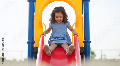 Happy girl with curly hair sliding down red playground slide with blue yellow equipment. Joyful child enjoying outdoor play activities in park. Summer recreation concept