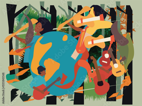A vibrant and artistic flat vector illustration of tropical birds interacting in a dense jungle environment. The design features bold geometric shapes, stylized foliage, and vivid 3333