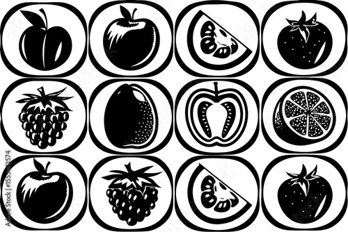 Black and white fruit and vegetable icons