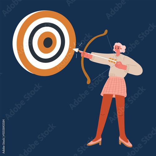 Cartoon vector illustration of a woman practicing archery, symbolizing discipline, determination, and personal growth against dark background