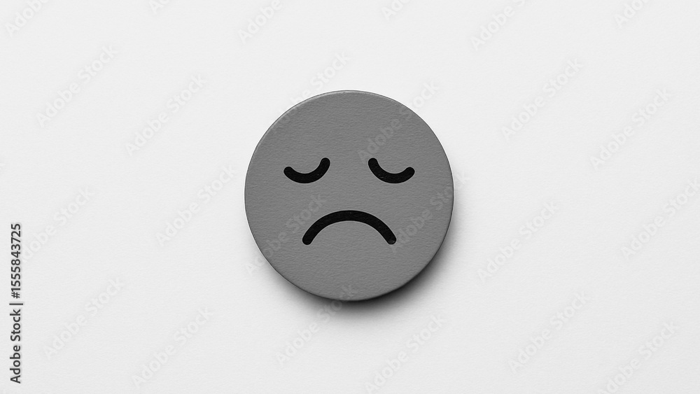 Fototapeta premium Monochrome sad face icon with a simple frown, symbolizing negative customer feedback, low team morale, or disappointed employee mood for clear business reports and workplace communication visuals.