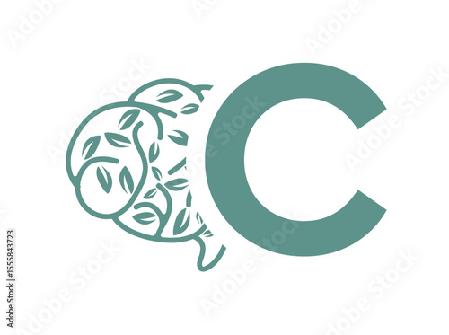 A clean and thoughtful monogram logo design featuring uppercase letters (a-z) combined with a stylized brain adorned with leaf elements. This elegant fusion symbolizes mental clarity, C