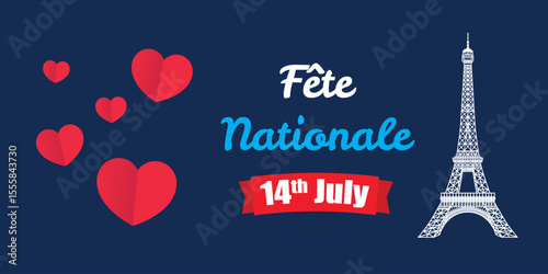 Fête Nationale Celebration Featuring Eiffel Tower and 3D red Hearts on a Blue Background