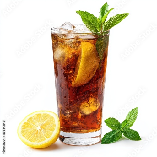 Cold iced tea with mint leaves and lemon wedges in a tall glass, isolated on white background.
