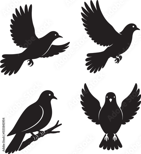 Dove Silhouette Front View – Partially Open Wings Symbolic Bird Icon, Black and White Dove with Raised Wings – Spiritual Peace Bird Vector