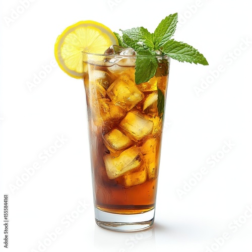 Cold iced tea with mint leaves and lemon wedges in a tall glass, isolated on white background.