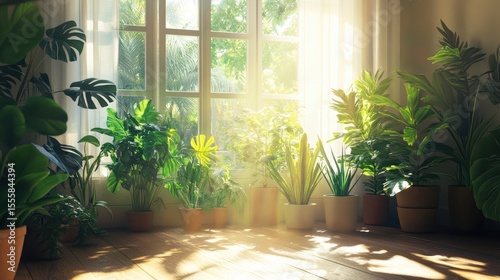 Indoor plants in pots sit by bright window with white curtains. Use for home decor, nature, well-being, fresh start concepts.