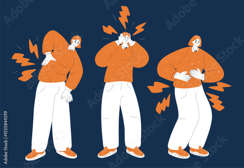 Cartoon vector illustration of a woman feeling unwell with multiple aches, symbolizing health challenges, fatigue, and the need for rest against dark background