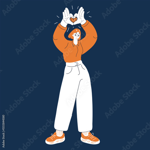Cartoon vector illustration of a woman lifting a shining heart, symbolizing empowerment, confidence, and inner light against dark background