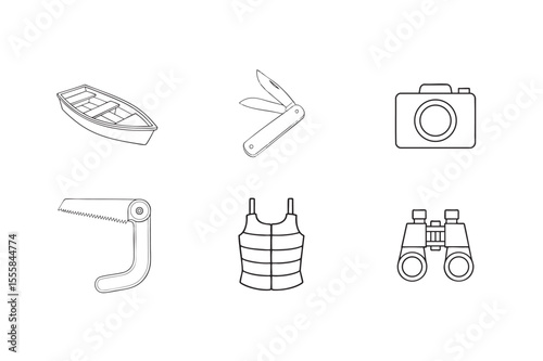 Outlined Icons of Outdoor Adventure Gear Boat Knife Camera Saw Life Vest and Binoculars collection