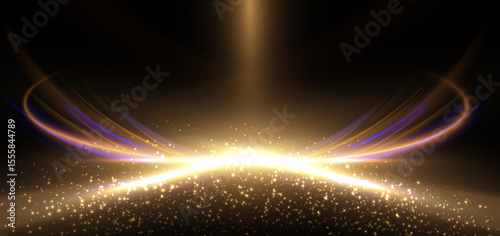 Abstract elegant gold glowing beam with lighting effect sparkle on black background.