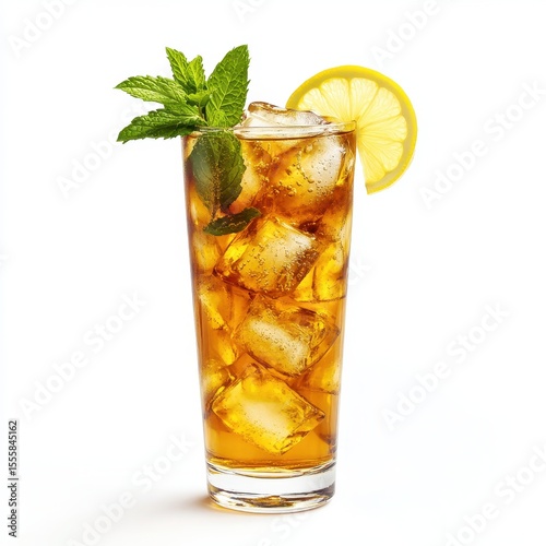 Cold iced tea with mint leaves and lemon wedges in a tall glass, isolated on white background.