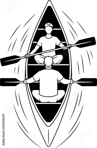 Canoe with Two People Vector – Bold Outline Flat Illustration of Canoeists, One Steering with Paddle – Minimalist Design, No Shading, Ideal for Screen Printing, Stickers, Outdoor and Adventure Themes