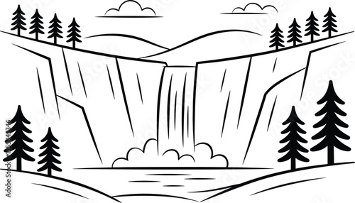 Minimalist outlined waterfall landscape featuring cliffs and pine trees illustration