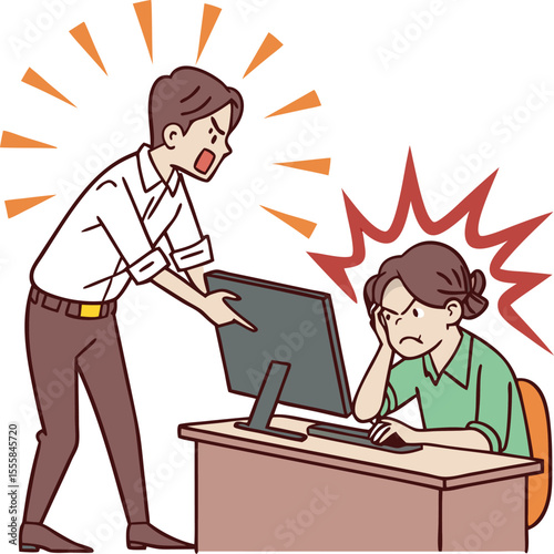 Angry colleagues arguing over computer problems at work.
