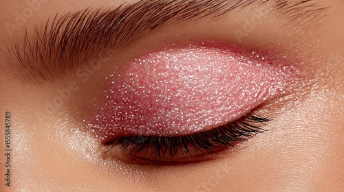 Close Up of a Glittery Pink Eyeshadow on a Closed Eye.