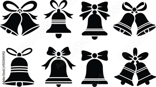 Collection of festive bells with bows black and white silhouettes