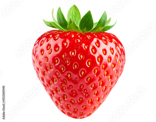 Single Ripe Strawberry with Green Leaves, isolated on transparent background