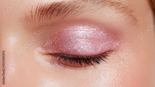 Close Up of a Glittery Pink Eyeshadow on a Closed Eye.