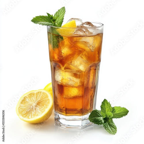 Cold iced tea with mint leaves and lemon wedges in a tall glass, isolated on white background.