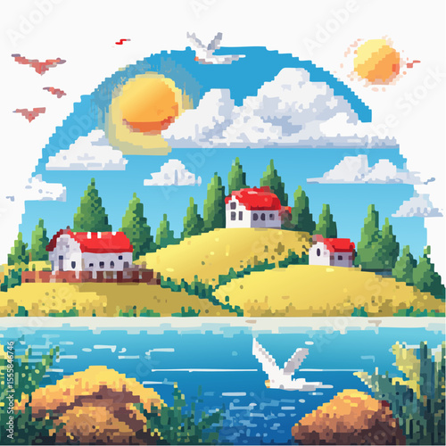 ector landscape of a coastal scene featuring seaside plants, a peaceful rural village, birds flying in the sky, the sun shining brightly, and thick white clouds